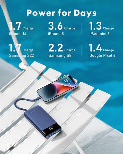 charmast Portable Charger with Built in Cables, Power Bank with Cords Wires, Slim 10000mAh Travel Battery Pack 6 Outputs 3 Inputs 3A Fast Charging for Samsung Google Pixel LG Moto iPhone iPad