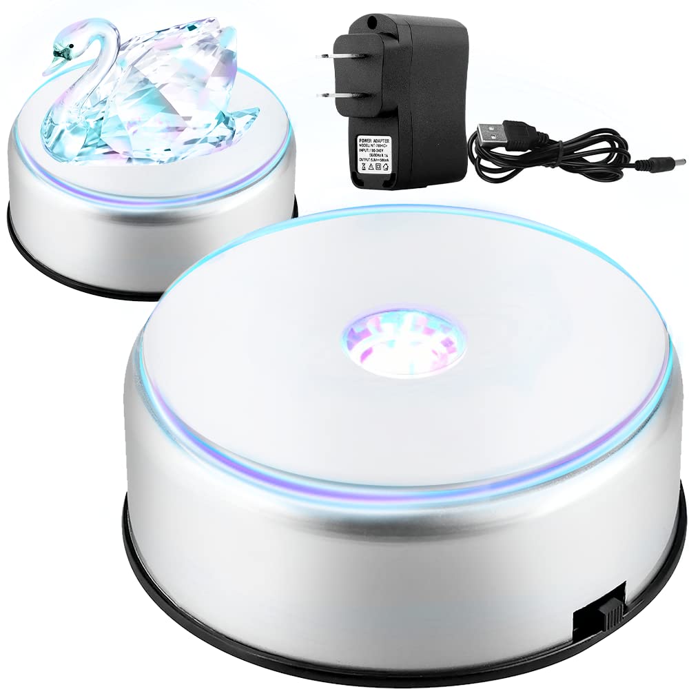 Watris Veiyi 4" LED Colorful Rotating Display Base, Light Rotating Crystal Display Base, Display Base Stand Turner for Crystals Glass Art and Cup