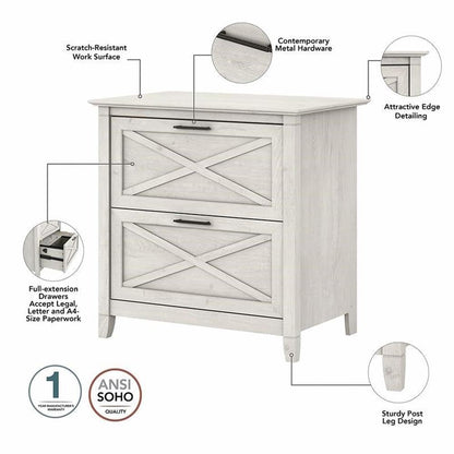 Bush Home Key West 54W Computer Desk with 2 Drawer Lateral File Cabinet and 5 Shelf Bookcase in Linen White Oak