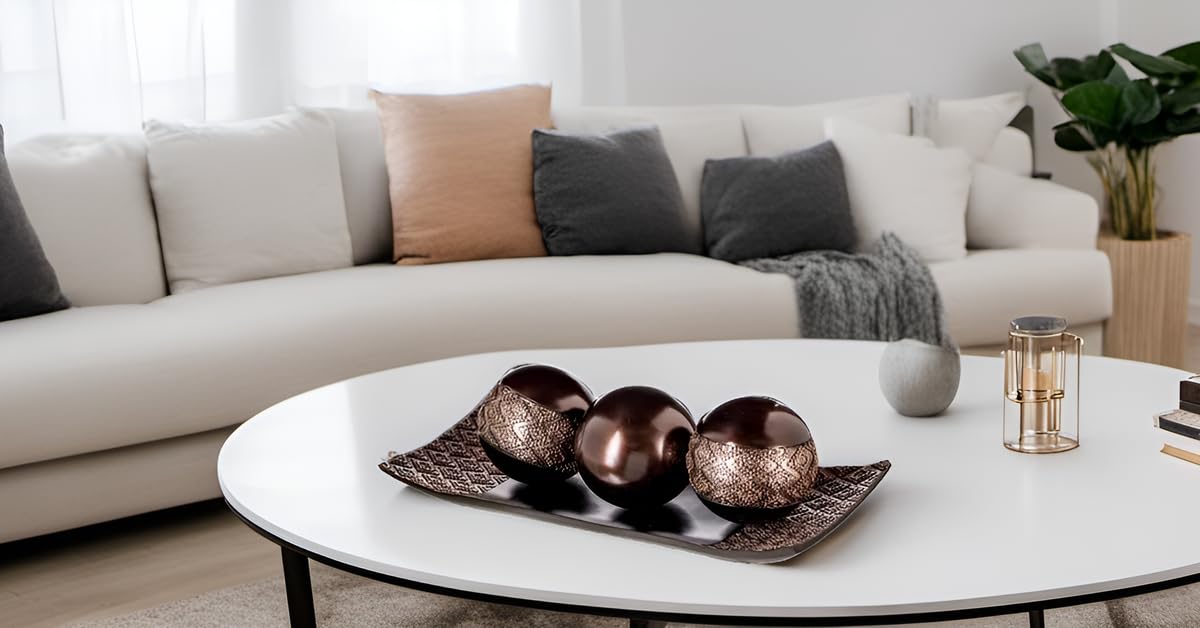 Creative Scents Dublin Brown Centerpiece Tray with Three Matching Orbs and A Set of Three Vases – Perfect for Table Decor in The Living Room Or Dining Room Or Coffee Table Decor