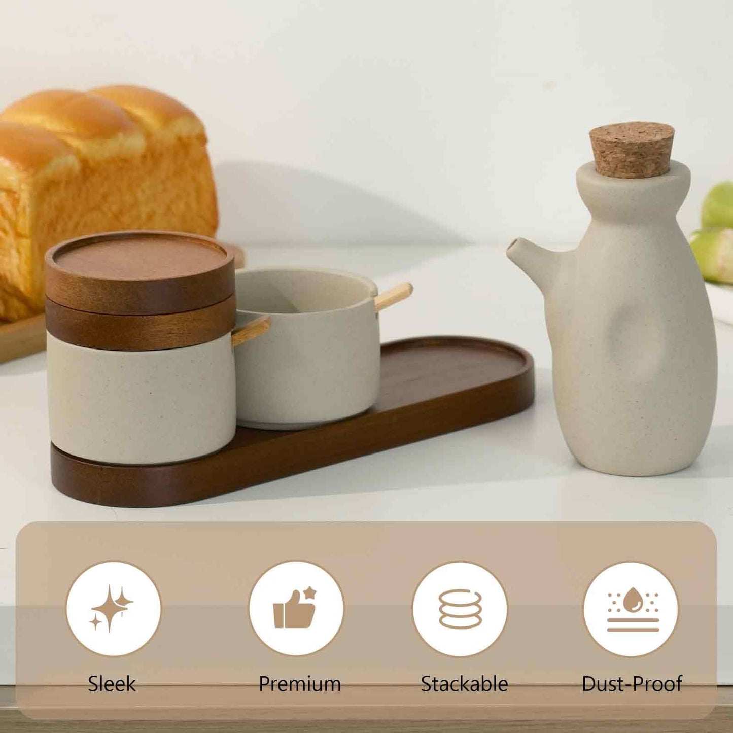 Mavolico 3 Pack Ceramic Spice and Soy Sauce Dispenser Set with Acacia Wood Lid, Complete with Sugar Salt Containers, Spoons and Wooden Tray for Kitchen and Dining