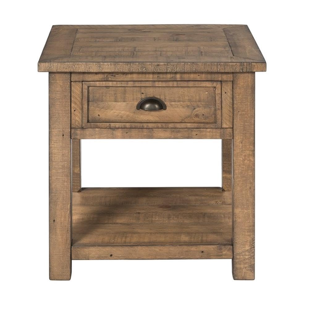 Monterey Farmhouse Rustic End Table, Solid Pine Wood Coastal Side Table with Drawer and Shelf. Reclaimed Natural.