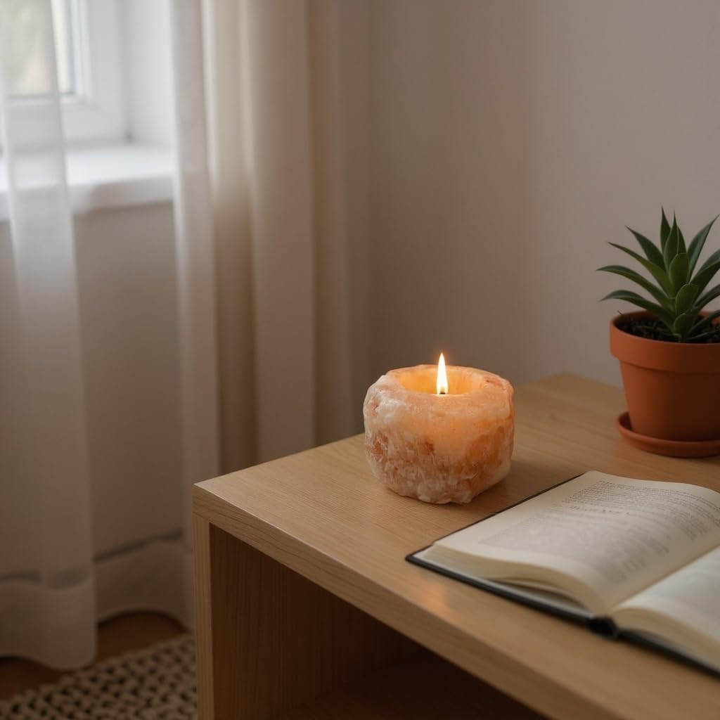 Natural Himalayan Salt Candle Holder, Pink Crystal Tealight Votive, Hand Carved, 3 x 3 x 2.5 Inches, 1-2 Pounds