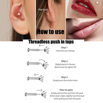 VFUN 16G Tragus Earrings Mixed Styles Bioflex Stainless Steel Lip Rings Labret Piercing Clear Helix Piercing Threadless Lip Stud Rings 10PCS 8MM