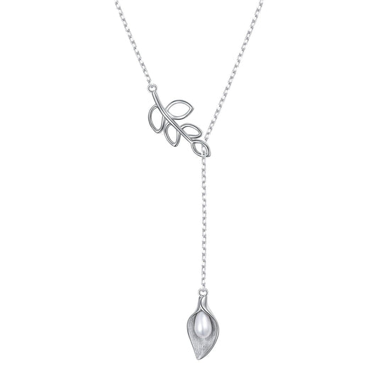 DAOCHONG Long Leaf Y Shaped Lariat Necklace Sterling Silver Calla Lily Long Chain Drop Adjustable Necklace Layered Necklace 30"