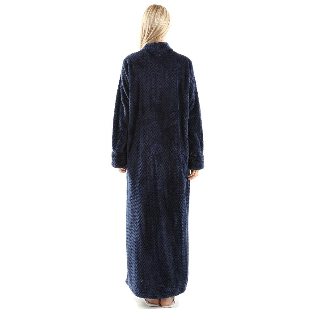 Oksun Womens Plus Size Fleece Dressing Gown Soft Bathrobe Full Length with Zipper, Navy, UK14-20(label XL)