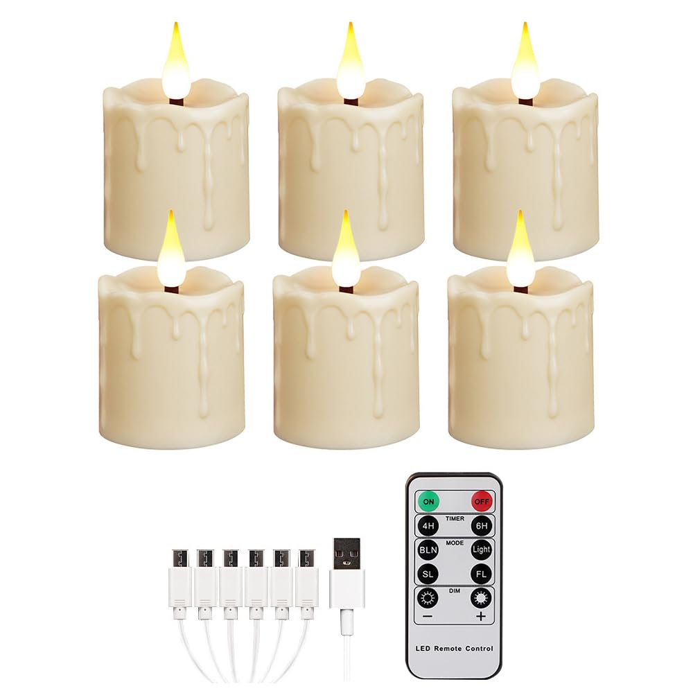 Enegg Rechargeable Tea Lights Flickering Timer Flameless Candles with Remote, 6pcs LED Tealight Votive Candles for Halloween Xmas Party Home Decor Wedding Table Centerpieces