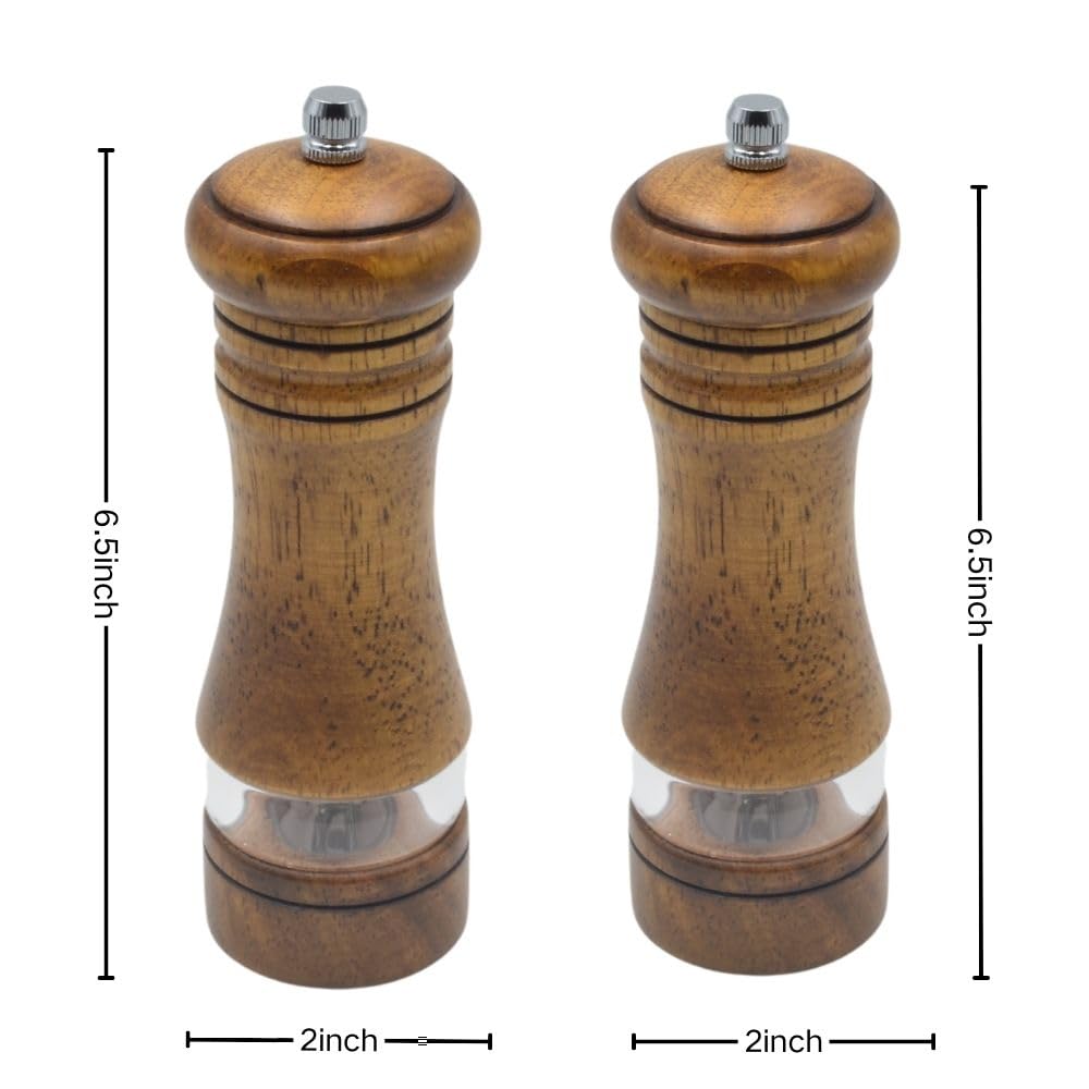 MASALACO Classic Salt and Pepper Grinder Set,Refillable Salt and Pepper Mills,Manual Oak Wood Salt Grinder,Pepper Grinder,Visible Adjustable Ceramic Grinding Rotor,2 Packs Set,6.5 Inch Each