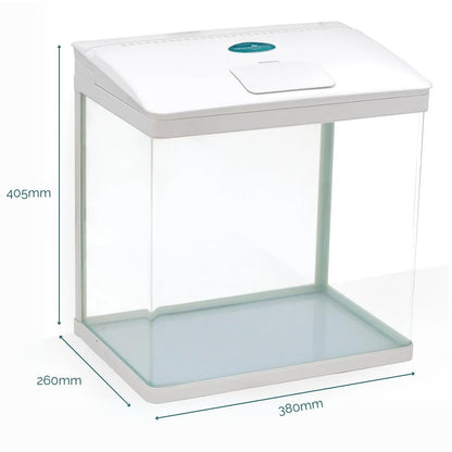 AllPondSolutions Nano Fish Tank with Filter and Light - Rectangular Aquarium Tank with LED Light, Tray Filter System, Curved Glass Front, 90° Tilting Hood - Cold Water Tropical Fish Tank - 29L, White