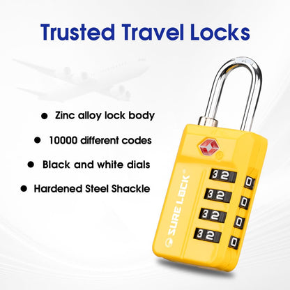 TSA Approved Travel Luggage Locks, Open Alert Combination Lock for School Office & Gym Locker ,Toolbox, Pelican Case,Easy Read Dials- 1, 2 & 4 Pack (1, Yellow 2 Pack)