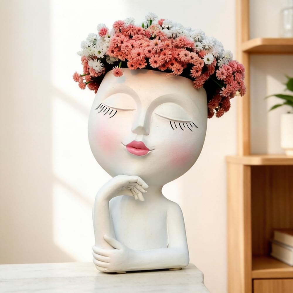 Thinking Face Planter, Funny Plant Pots, Cute Head Flower Pot with Drainage for Indoor Outdoor Succulent/Herb, Unique Minimalist White Vase, Garden Home Office Desk Shelf Art Decor, Women Gift 7"