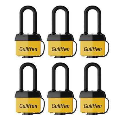 Guliffen Weatherproof Laminated Steel Padlock with Same Key, Outdoor Padlock with Long Shackle for Gate, Fence, Shed,Garage, 6 Pack