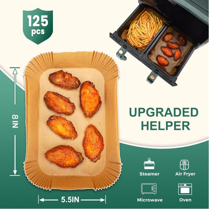 Air Fryer Paper Liners, 125Pcs Parchment Paper, Air Fryer Liners Disposable for Microwave, Non-Stick Air Fryer Liner Square Free of Bleach (8IN)