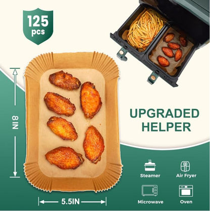 Air Fryer Paper Liners, 125Pcs Parchment Paper, Air Fryer Liners Disposable for Microwave, Non-Stick Air Fryer Liner Square Free of Bleach (8IN)