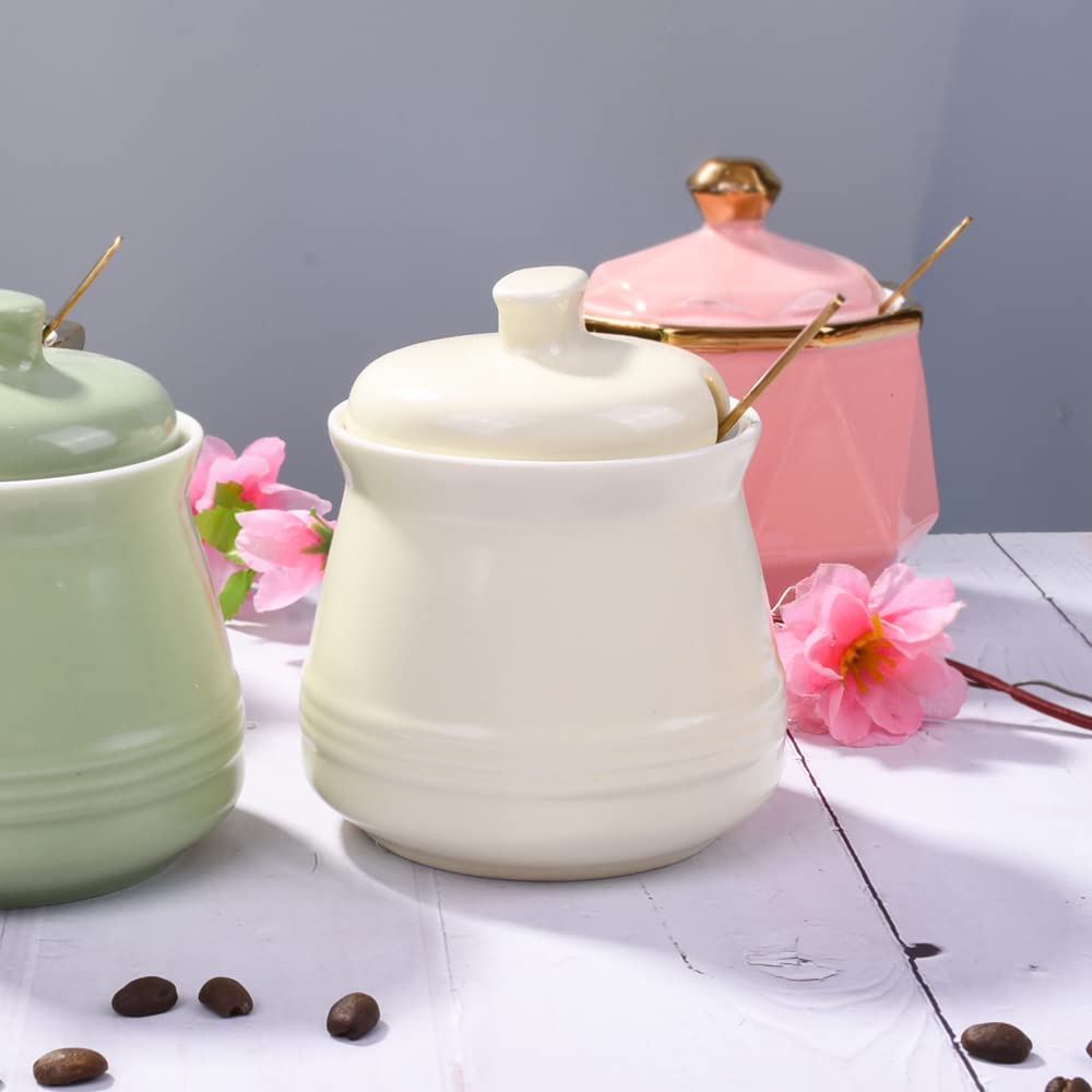 Sugar Bowl with Lid and Spoon, Ceramic Sugar Bowl,Multi-Function Sugar Container Spice Container Salt Jar Condiment Bowls Sugar Jar for Kitchen Storage Organization (Yellow)