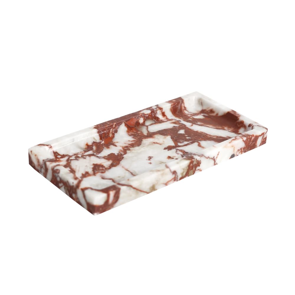 Small Marble Bathroom Tray, Real Marble Vanity Tray, Natural Stone Organizer for Countertop, Mini Marble Organizer for Jewelry Perfume Towel, Non-Resin Non-Ceramic (Calacatta Red 7.9" x 3.9" x 0.7")