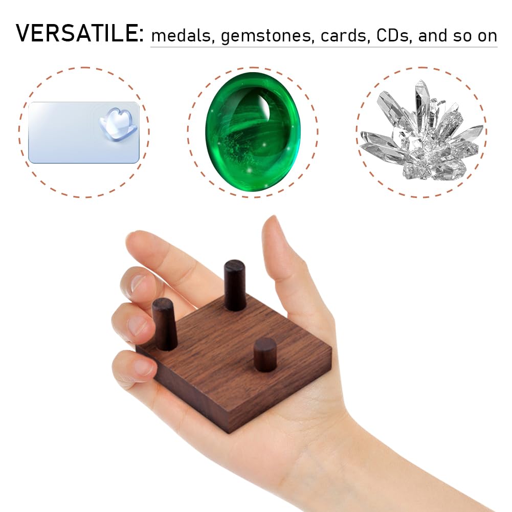 WAYUTO Walnut Crystal Display Stand Rock Display Holder Three-Peg Display Easel Stands for Fossil Coral Geodes Rock Mineral Agate M