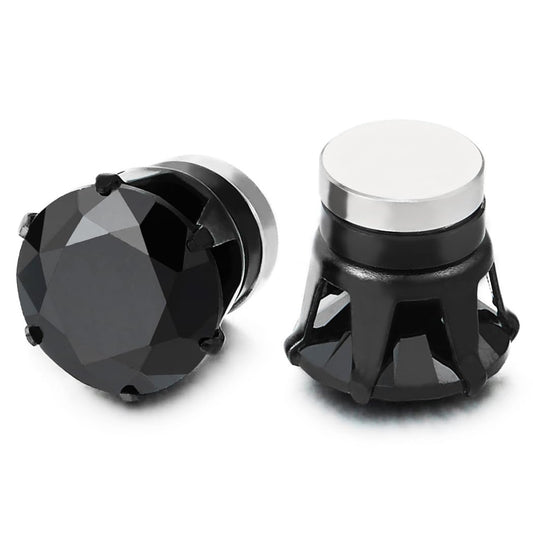 Mens Womens Magnetic Black Cubic Zirconia Stud Earrings Steel, Non-Piercing Clip On Cheater Fake Ear