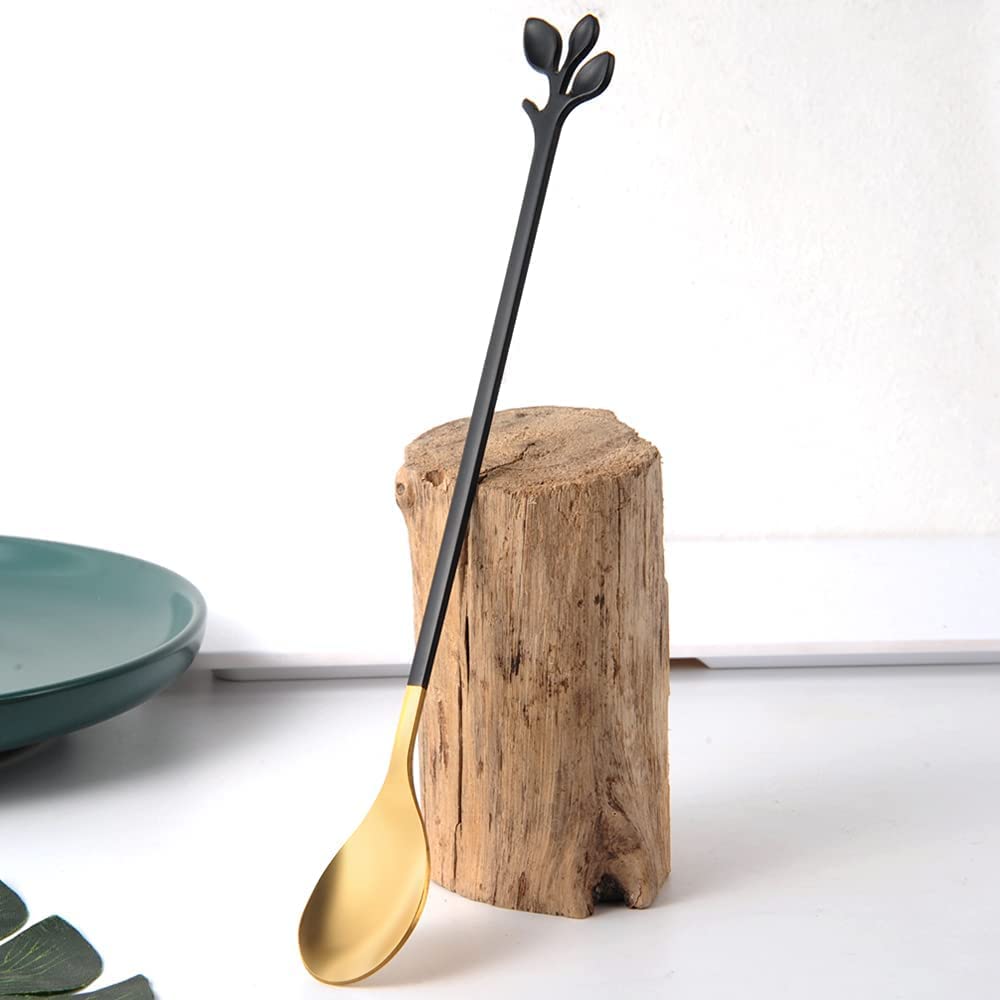 AnSaw 6-Piece Elegant Black & Gold Leaf Long Handle Teaspoons - 7.4"