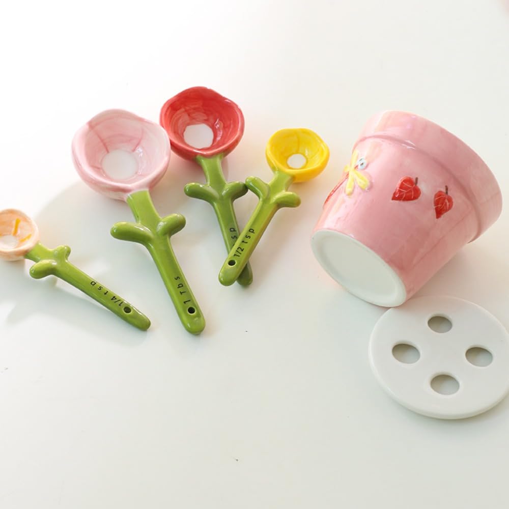 hobbyme Sunflowers Measuring Spoons and Cups Set, Cute Ceramic Measuring Spoons, Baking Sunflowers Measuring Spoon with Holder for Milk Powder Sugar Salt Wet Dry Ingredients