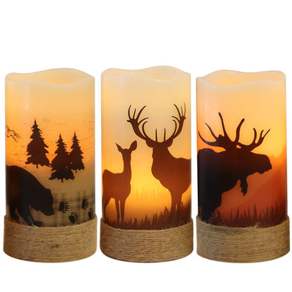 Eldnacele Flameless Flickering Candles Deer, Moose, Bear Decal with Hemp Rope and 6H Timer, Battery Operated LED Pillar Candles Real Wax Home Décor Christmas and Gift Set of 3