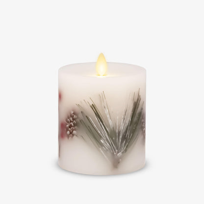 Luminara Embedded Flameless LED Candle - Pine Berries 3.5" x 4.5" - Moving Flame Pillar, Battery Operated Timer, Real Wax, Unscented, Safe
