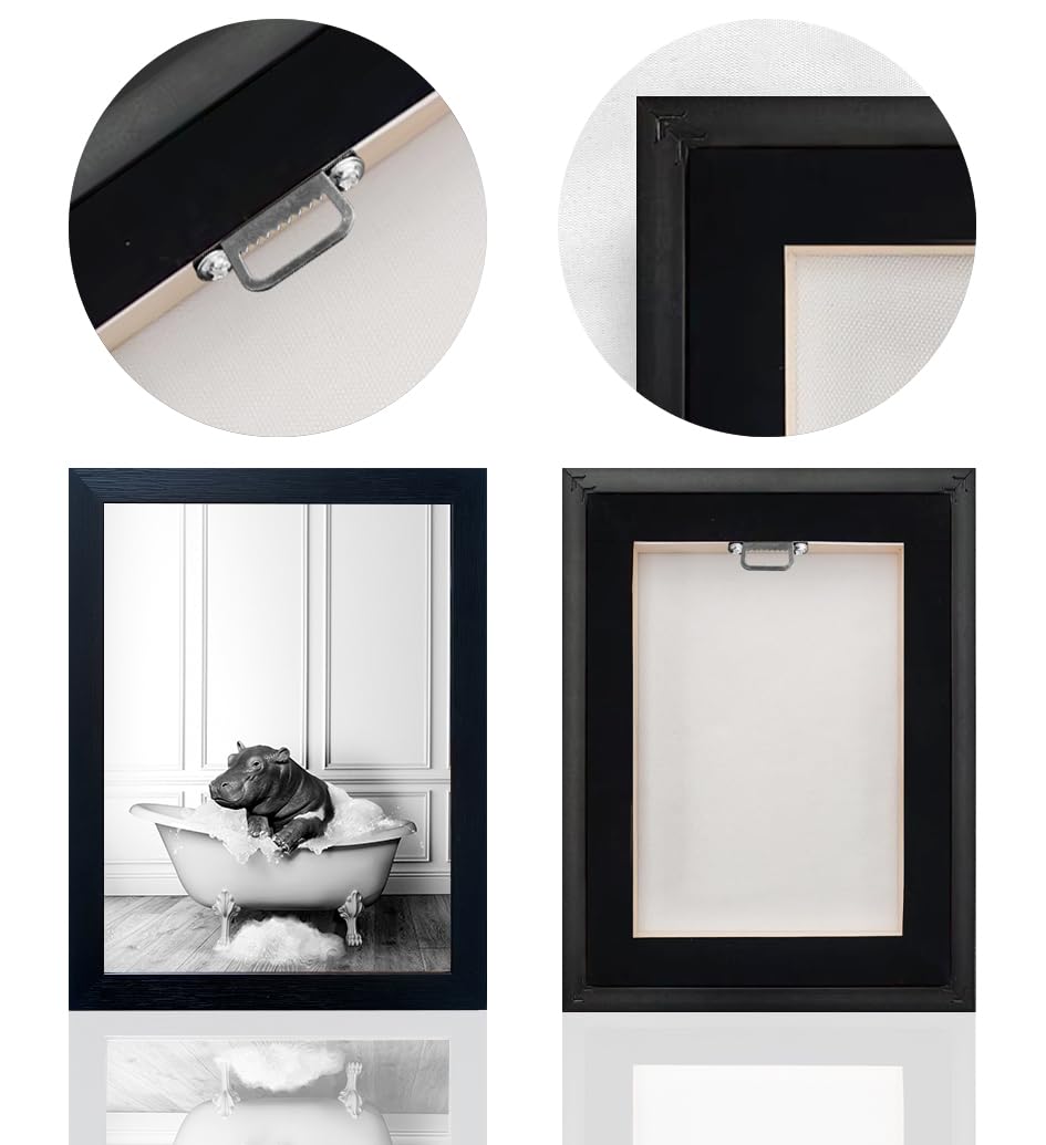 Bathroom Picture Wall Decor, Framed Black and White Bathroom Wall Art, Toilet Paper in Little Funny Raccoon's Hand Animal Canvas Print Painting