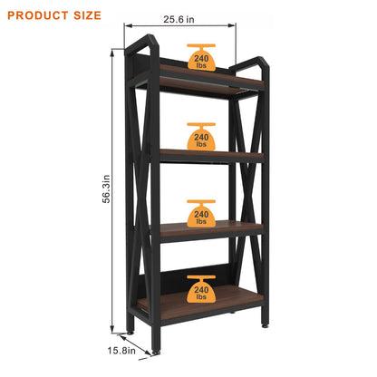 flowmultiply 4-Tier Bakers Rack Storage Shelf – Metal & Wood Kitchen Organizer with Adjustable Shelves, Rustic Industrial Shelf for Pantry or Office (15.8" L × 25.6" W × 56.3" H)