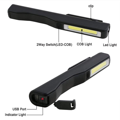 flintronic USB Rechargeable Work Light, 2Pcs Inspection Lamp LED Torch, Magnetic Clip Pocket COB Flashlight for Home, Workshop, Camping, Emergency (Black&red)