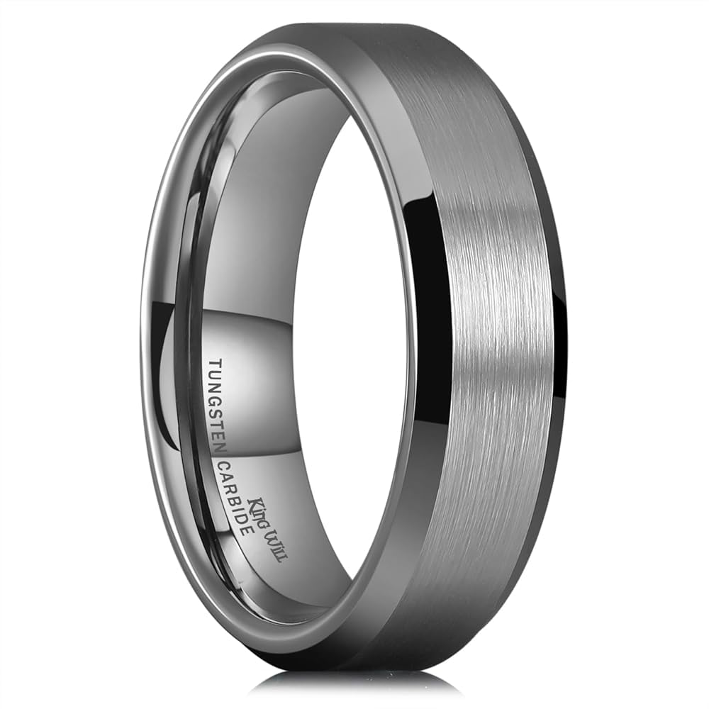 King Will 6mm Men's Gunmetal Gray Wedding Ring - Brushed Matte Surface, Beveled Polished Edge, Comfort Fit Size 10