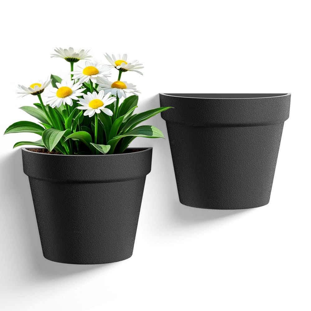Asnext 2 Pack Plastic Wall Planter for Indoor Plants, 7.5 Inch Hanging Wall Planter Pots, Wall Mounted Succulent Planters (Black)
