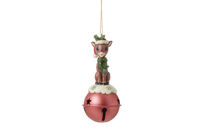 Enesco Rudolph Traditions by Jim Shore Reindeer Standing on Bell Hanging Ornament, 4.37 Inch, Multicolor