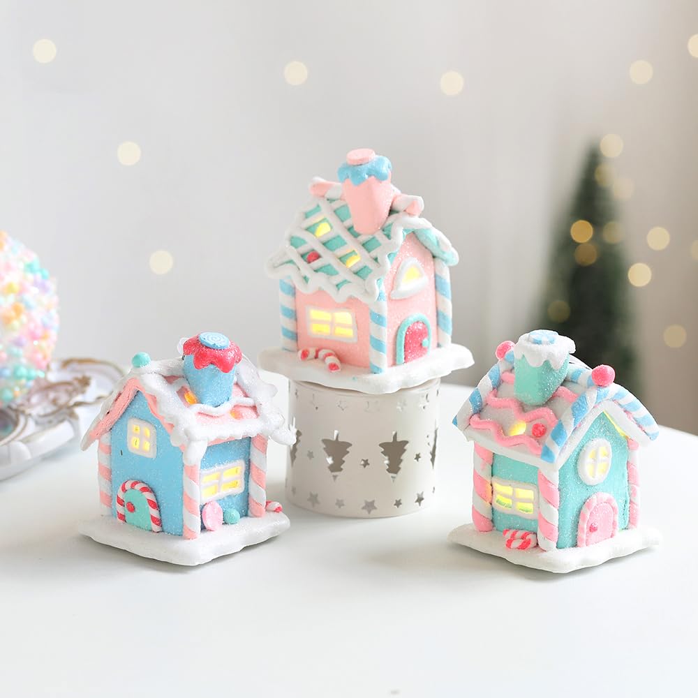 3Pcs Pastel Candy House Christmas Tree Ornaments with Lighted LED, Clay Gingerbread House Hanging Ornaments with Rope for Xmas Tree Holiday Party Home Decoration