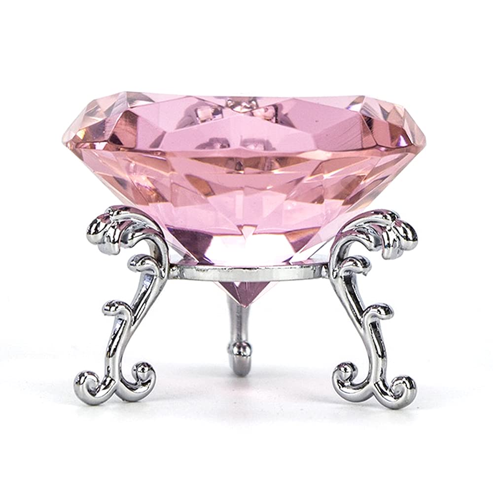 F-ber 60mm/2.4" Pink Crystal Faceted Diamond Paperweight w/ Silver Base Stand Jewels Wedding Decorations Centerpieces Cut Glass Display Ornament Gift Home Decor