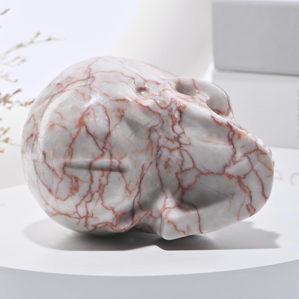 Bmuafry 5''Natural Red Grid Crystal Skull Head Hand Carved Reiki Healing Stone Statue Healing Home Office Art Room Decoration