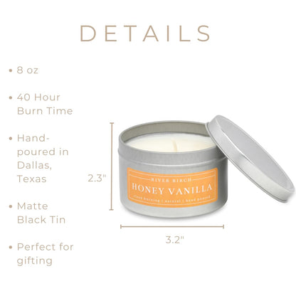River Birch Candles Honey Vanilla Scented Candle | Premium, All-Natural, Non-Toxic, Soy Wax | 8 oz. Silver Travel Tin | Cozy Relaxing Gifts for Home