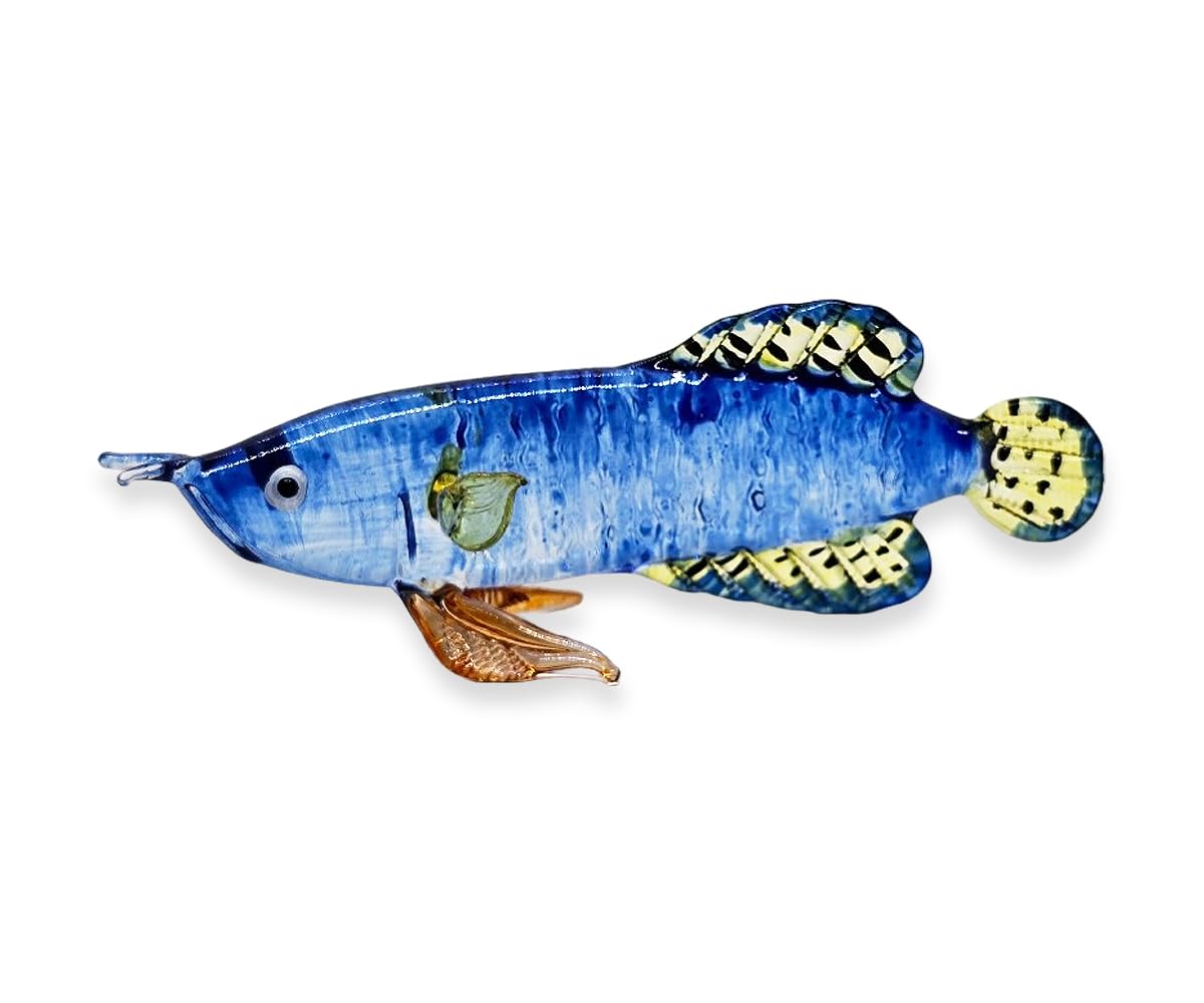 WitnyStore 4" Dark Blue Yellow Arowana Fish Artistic Blown Glass Figurine Premium Hand-Blown Statue Tabletop Decoration Unique Collectible for Adult Collectors Handcrafted Elegant Home Room Decor