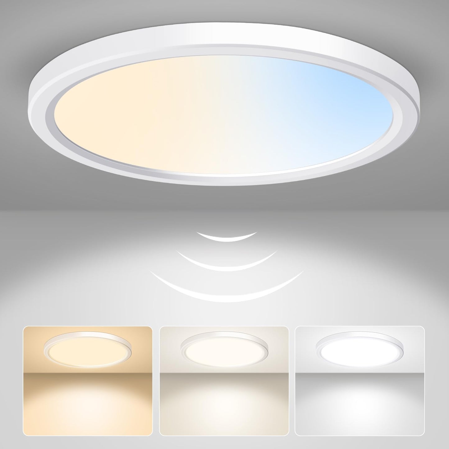 ALUSSO LED Ceiling Light Radar Motion Sensor, 18W Ceiling Lights 3CCT 3000K 4000K 6500K 1600LM, IP44 Waterproof Bathroom Ceiling Light for Toilet Stair Loft Porch Bath Attic Garage, Ø22cm