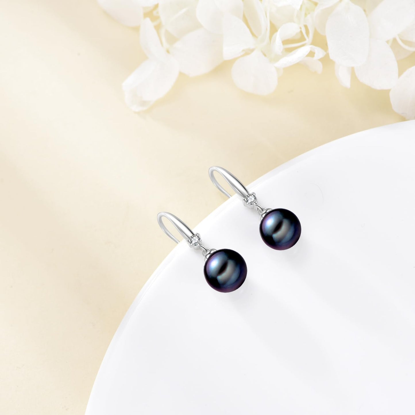 925 Sterling Silver Pearl Leverback Earrings Dangle Drop Birthstone Jewelry Gifts for Women (Black Pearl-February)