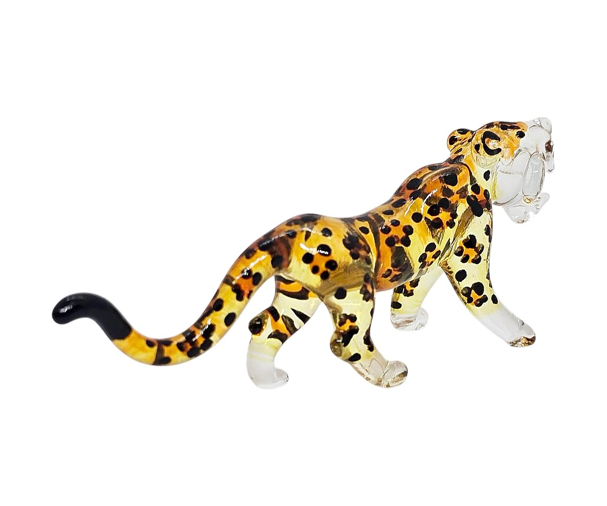 ChangThai Design Tiny 3½" Yellow Black Spotted Roaring Leopard Cheetah Jaguar Figurine - Miniature Hand Blown Glass Wild Cats Wildlife Felidae Animal Crystal Decorative Collectible Figures Décor Gifts