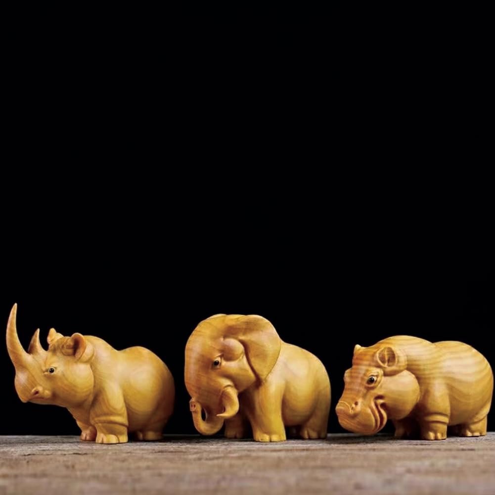 LOGUTIA Wooden Elephant Rhino Hippo Handmade Statue Unique African Three Treasures Tea Table Pet Home Decor Sculpture Cute Desk Decor (Elephant)