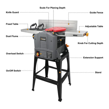 Hoteche 10-Inch Benchtop Planer and Jointer Combo with Stand 13-Amp Heavy Duty Thickness Planer for Woodworking, Adjustable Depth 0-3mm