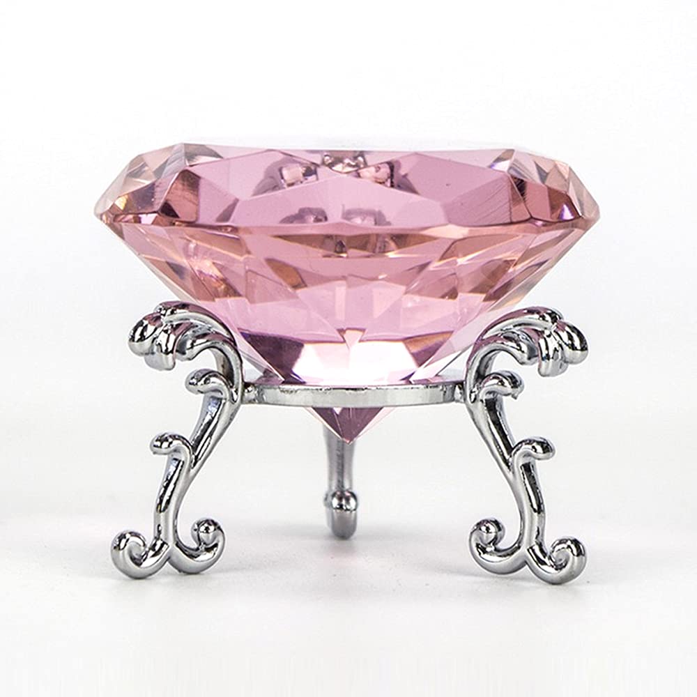 F-ber 60mm/2.4" Pink Crystal Faceted Diamond Paperweight w/ Silver Base Stand Jewels Wedding Decorations Centerpieces Cut Glass Display Ornament Gift Home Decor