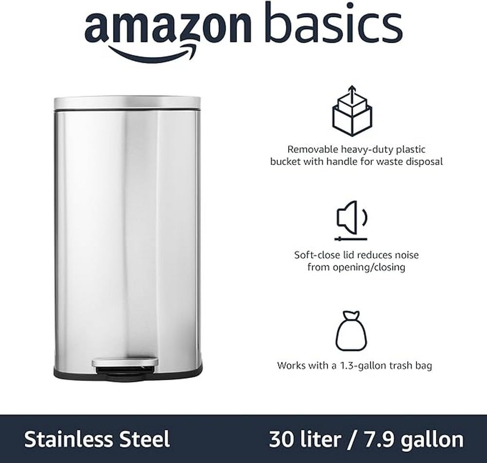 Amazon Basics Smudge Resistant Rectangular Trash Can With Soft-Close Foot Pedal, Brushed Stainless Steel, 50 Liter/13.2 Gallon, Satin Nickel Finish, 16.7"L x 14.7"W x 25.9"H