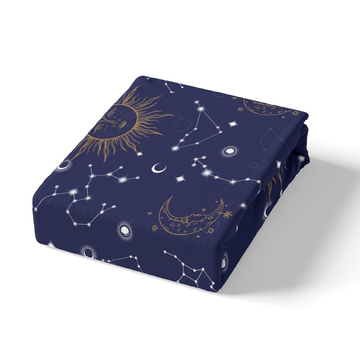 Castle Fairy Kids Golden Sun Moon Fitted Sheet Set King Size 4pcs,Stars Planets Bedding Set(1 Fitted,1 Flat,2 Pillowcases),Navy Blue Universe Luxury Deep Pocket Bed Sheets for Girls Teesn Room