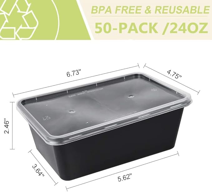 50-Pack Meal Prep Containers, 26 OZ Microwavable Reusable Food Containers