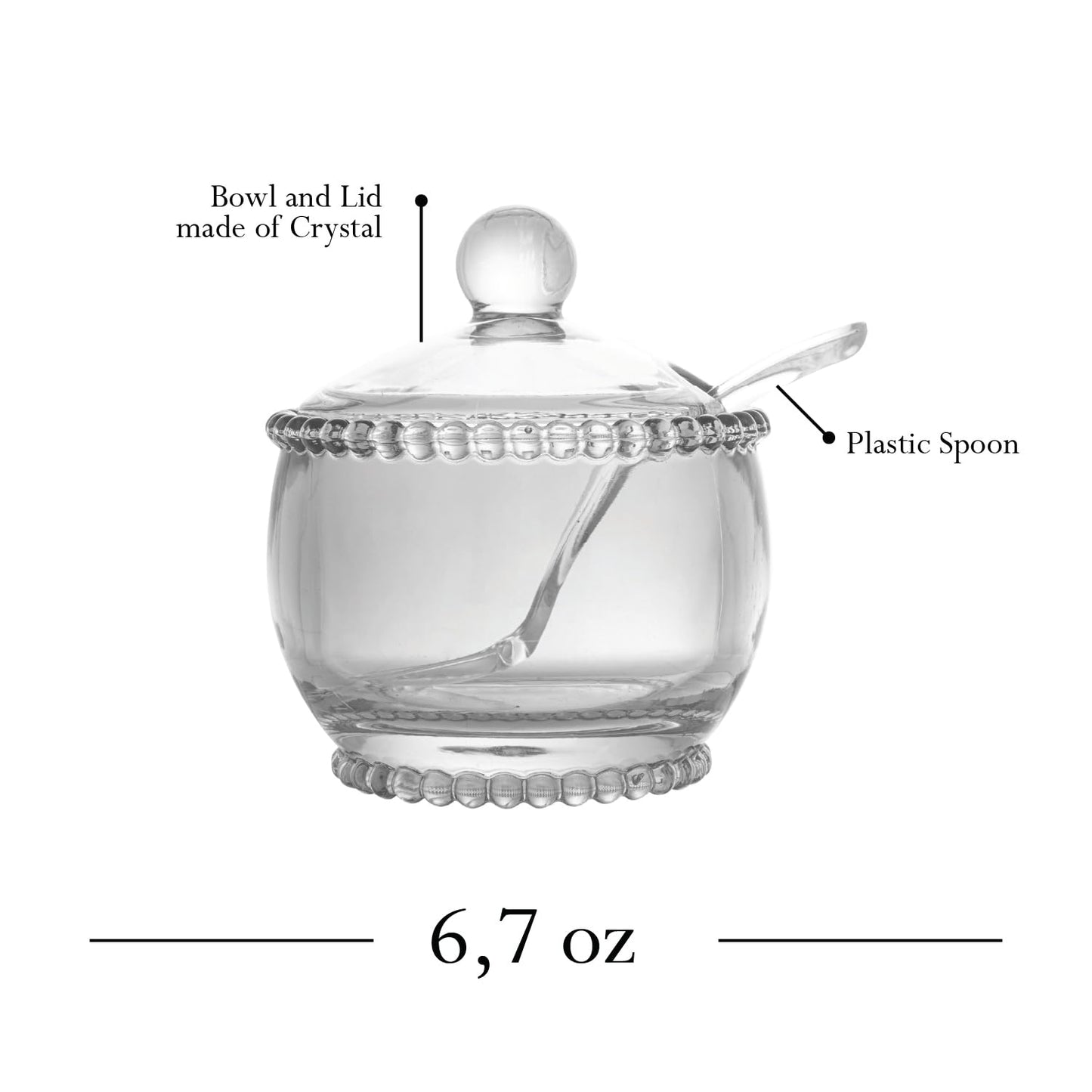 WOLFF Pearl Crystal Beaded Sugar Bowl with Lid and Spoon, Clear Crystal Sugar Holder, 6.7 oz Capacity, Dish for Salt Condiments and Spices (Clear, Sugar Bowl)