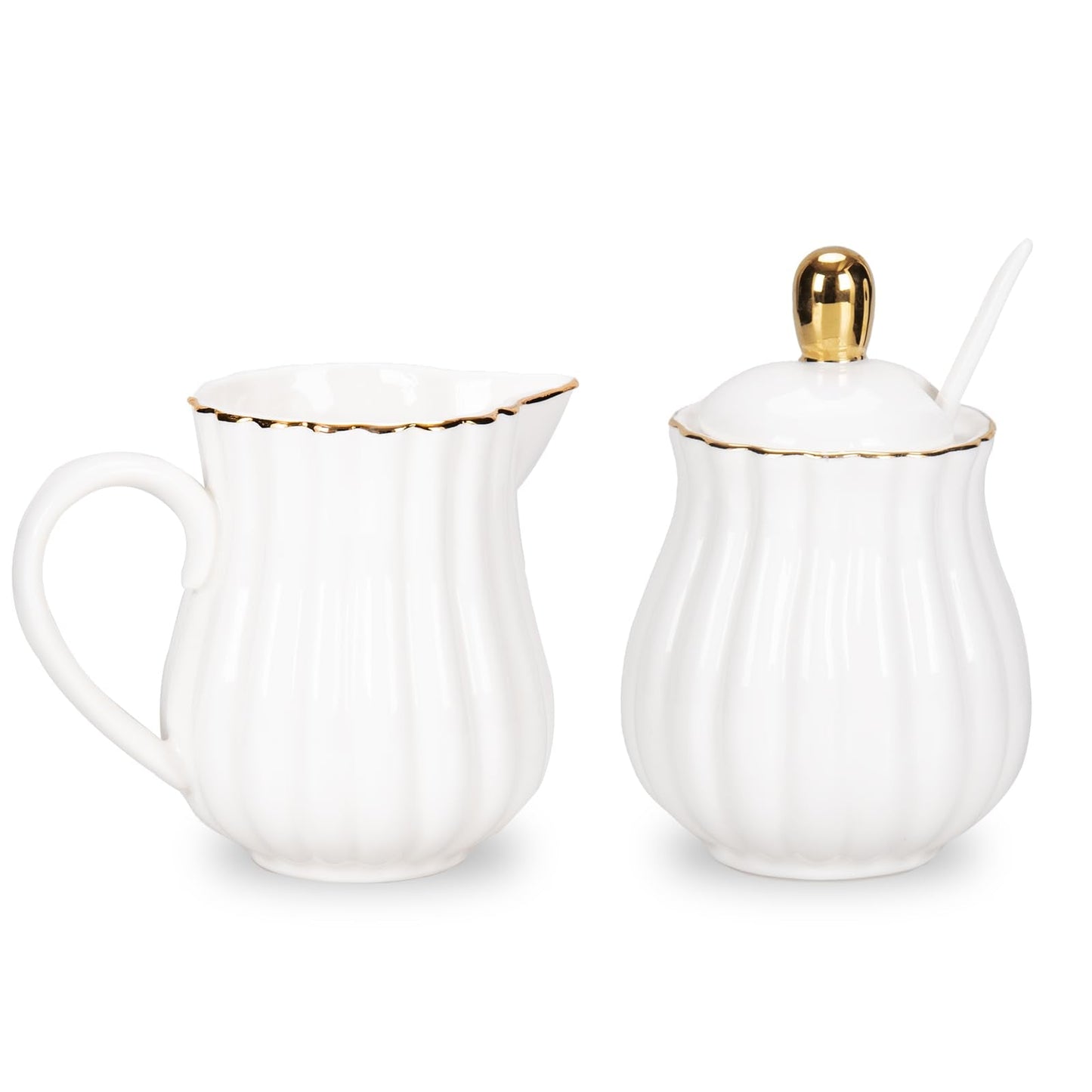 Prefdo Porcelain Sugar and Creamer Set, British Style Creamer Pitcher and Sugar Jar, Sugar Set with Lid & Spoon, Coffee Serving Set for Home Coffee Tea Party