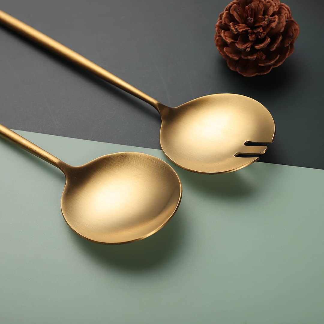 Zerophilo Salad Servers,Spoon and Fork Set 11.41 inch,18/10 Stainless Steel Salad Serving Titanium Plating (Gold)