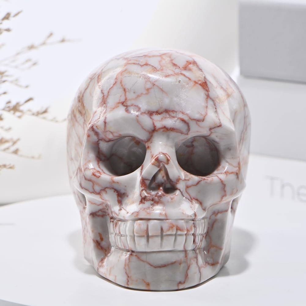 Bmuafry 5''Natural Red Grid Crystal Skull Head Hand Carved Reiki Healing Stone Statue Healing Home Office Art Room Decoration